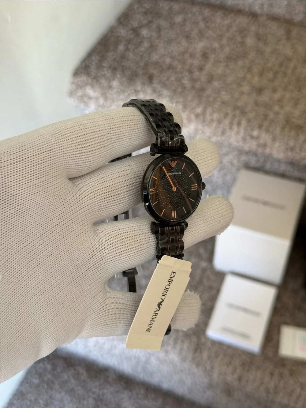 Emporio Armani Women's Black and Rose Gold Stainless Steel Bracelet Watch